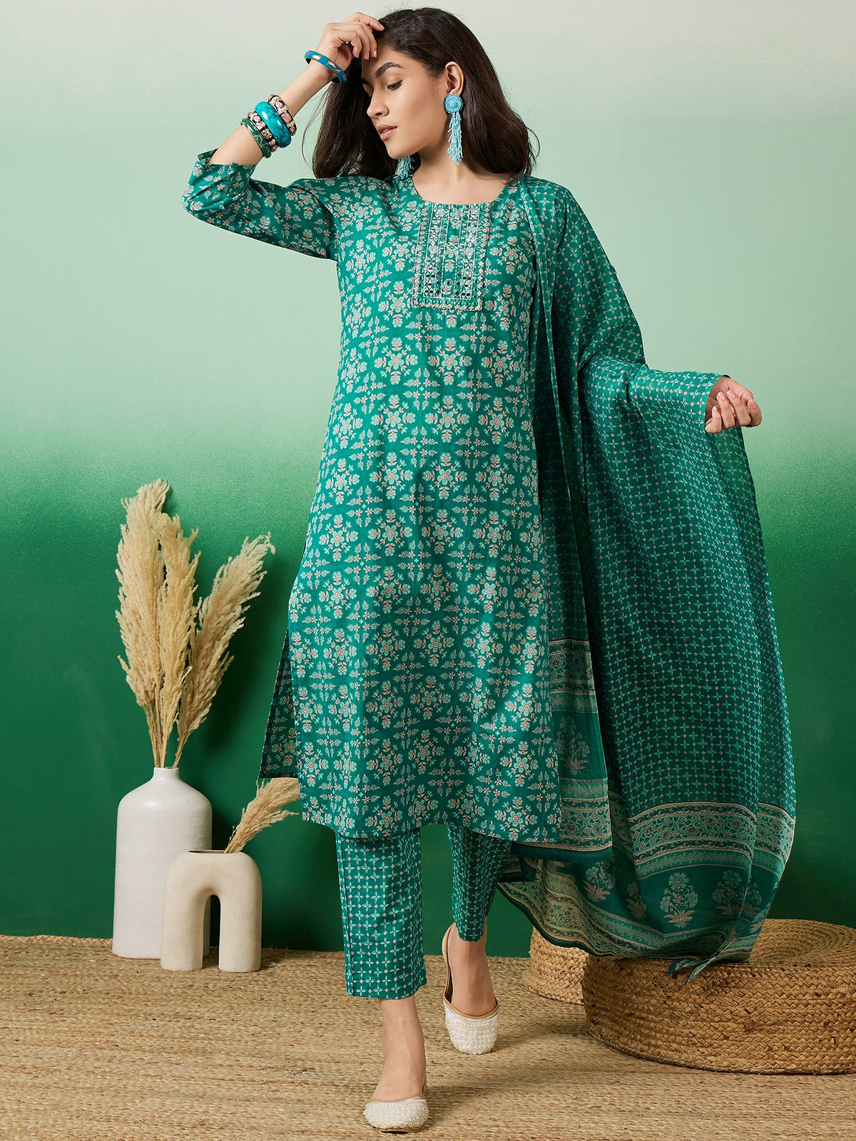 Women's Floral Print Mirror Work Pure Cotton Straight Kurta With Trousers & Dupatta Set