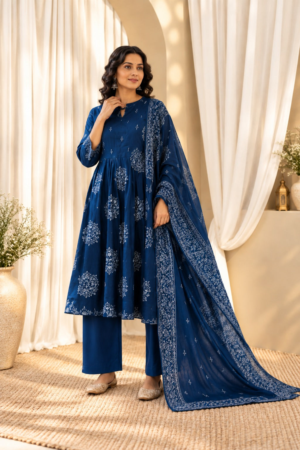 Women's Teal Blue Floral Printed Flared A-Line Kurta & Trousers With Dupatta Set