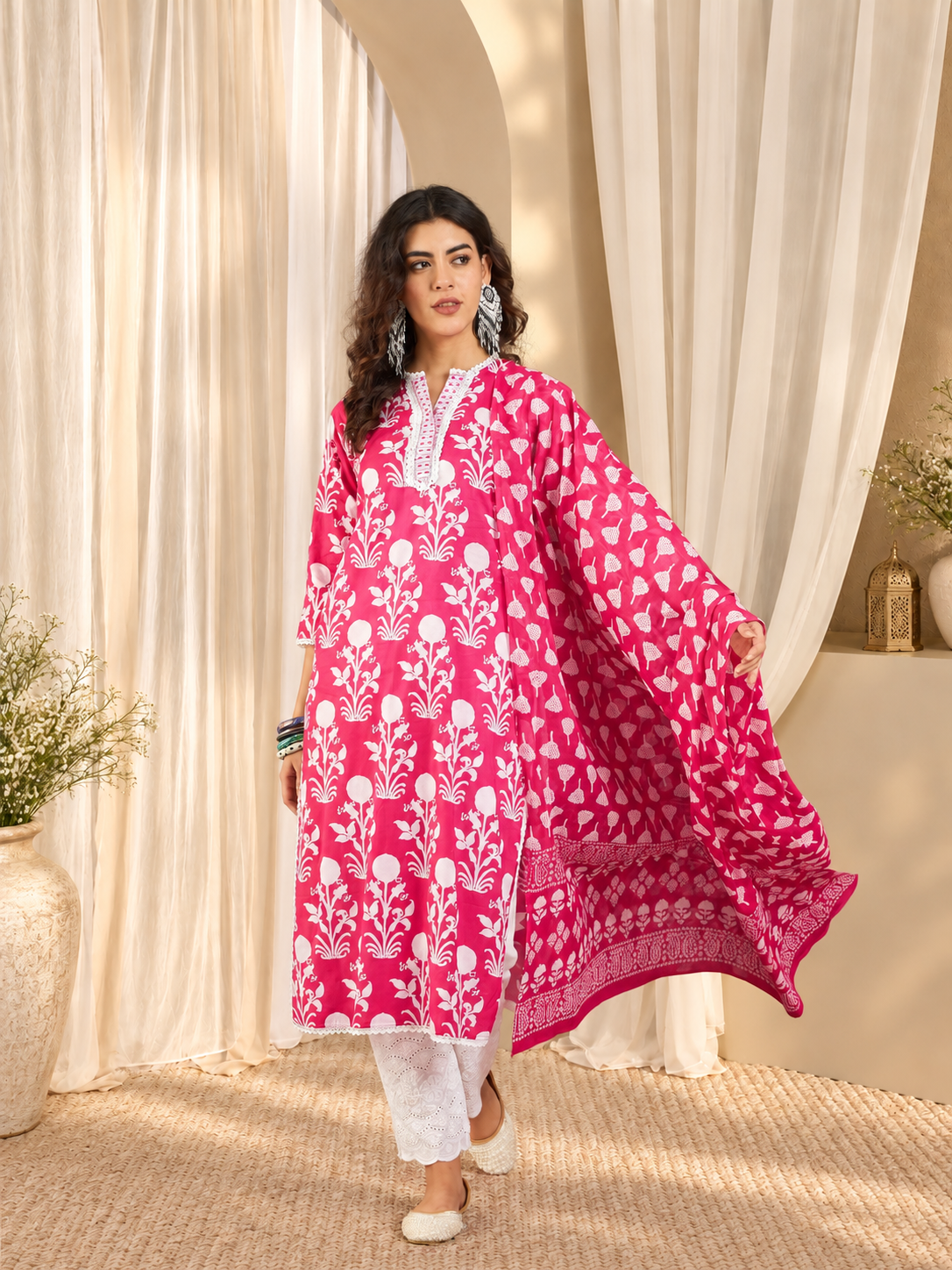 Women's Pink Floral Printed Regular Thread Work Pure Cotton Kurta With Trousers & Dupatta Set