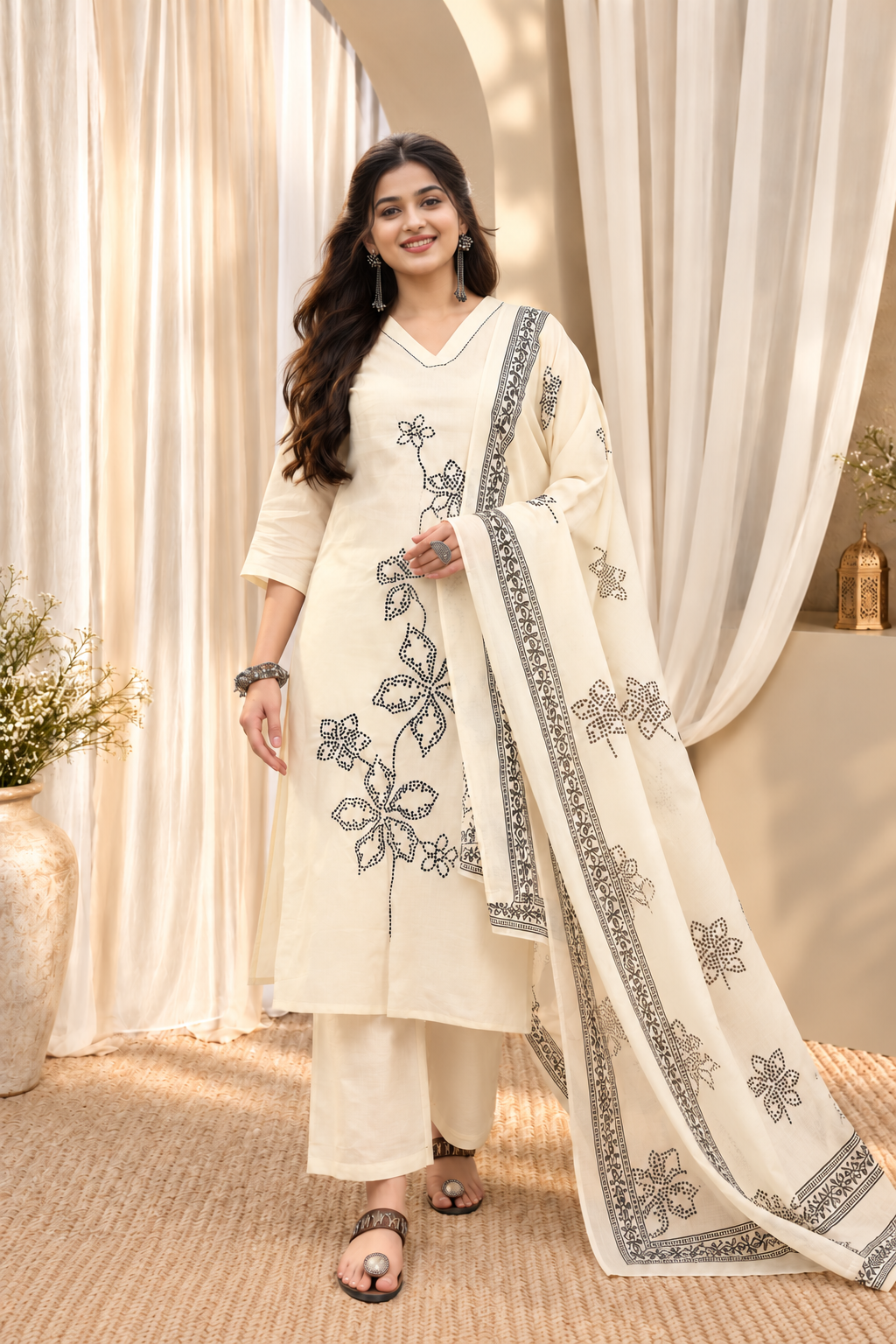 Women's White Cotton Floral Print Kurta & Trousers With Dupatta Set