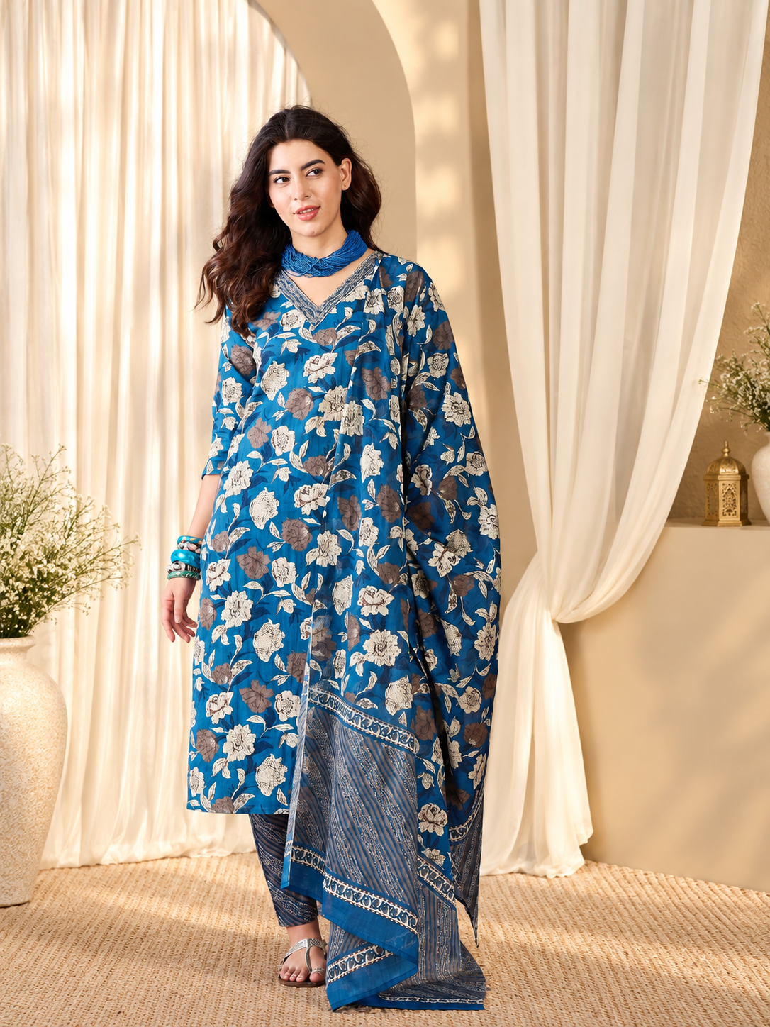 Women's Blue & Beige Pure Cotton Floral Print Kurta & Trousers With Dupatta Set