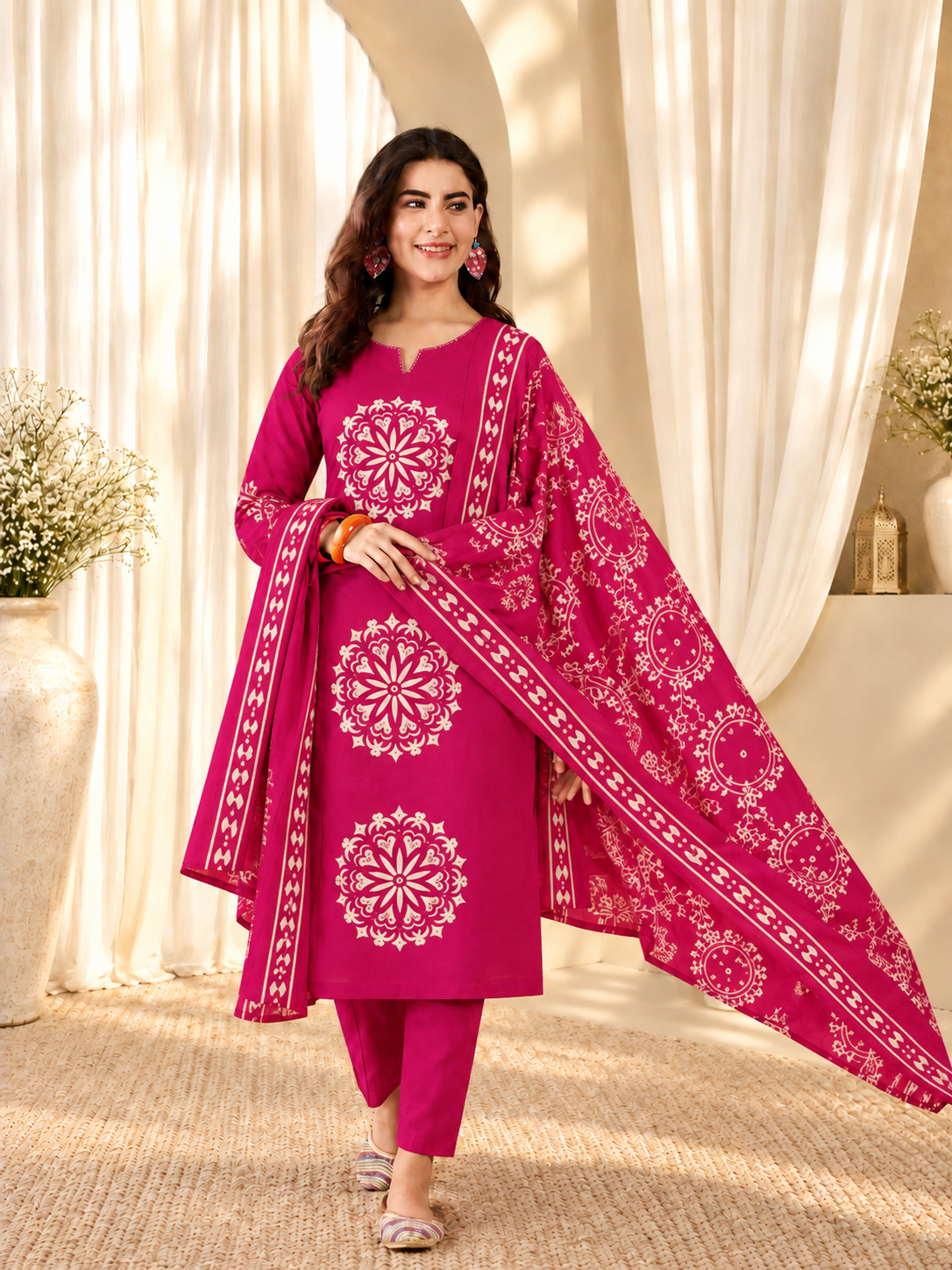 Women's Pure Cotton Floral Print Pink Kurta & Pant With Dupatta Set