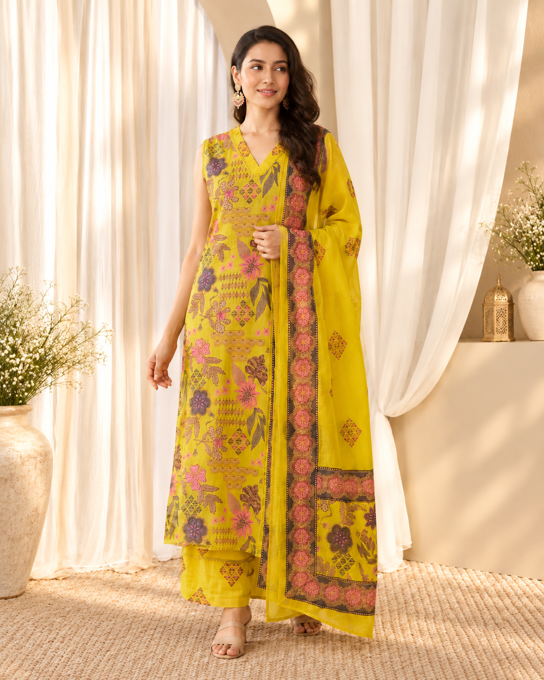 Women's Yellow Straight Cotton Kurta With Pant & Dupatta Set