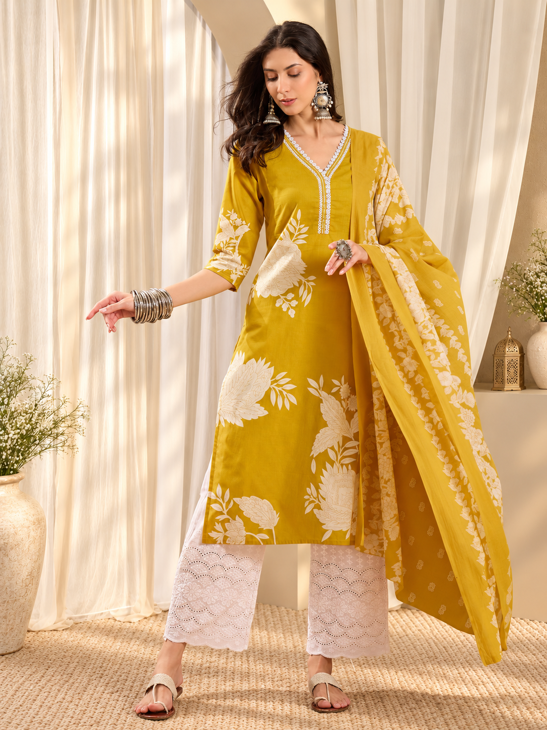 Women's Light Green Cotton Floral Print Kurta & Trousers With Dupatta Set