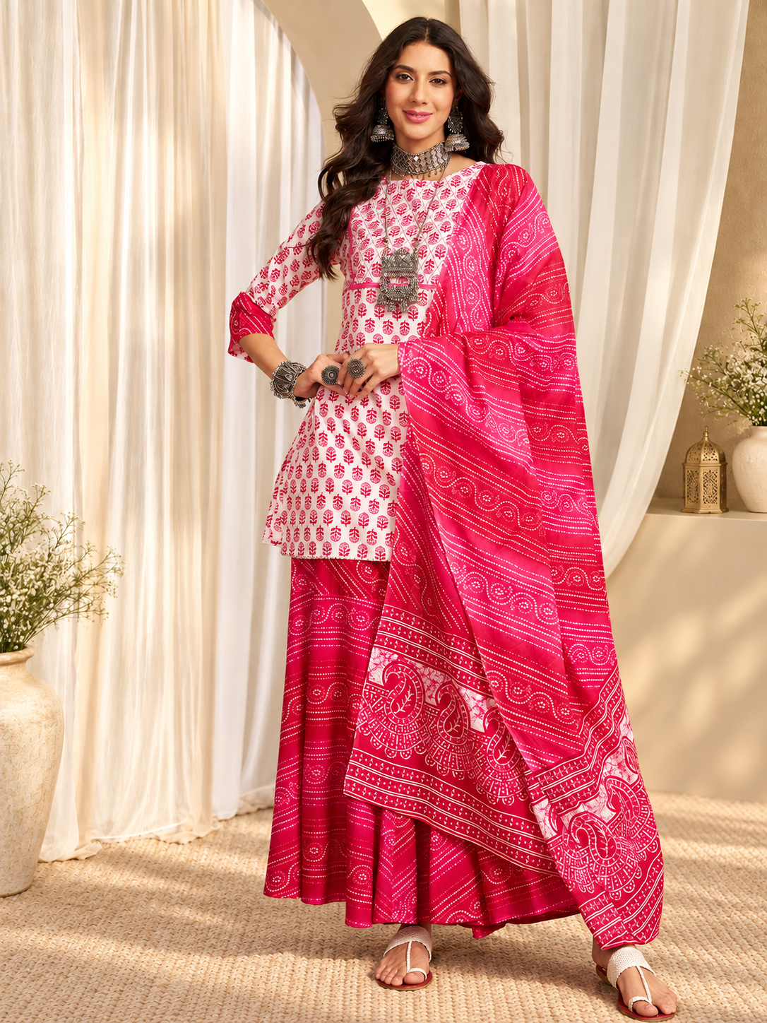 Women's Pink & White Cotton Block Print Kurta & Trousers With Dupatta Set