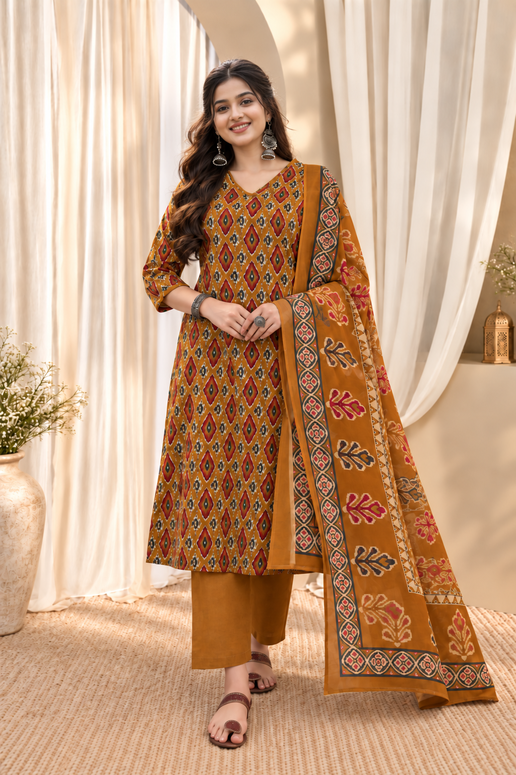 Women's Mustard Pure Cotton V Neck Kurta & Pant With Dupatta Set
