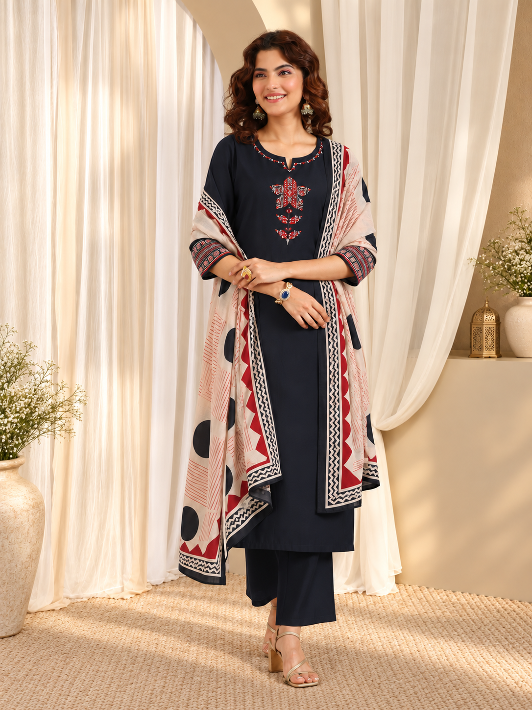 Women's Pure Cotton Ethnic Print Black Kurta & Pant With Dupatta Set