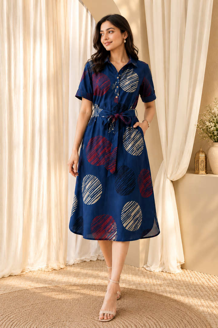 Women Navy Blue Printed Shirt Collar Midi Dress