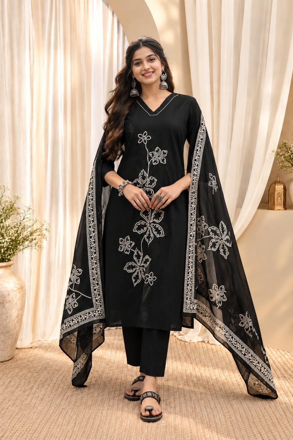 Women's Black Cotton Floral Print Kurta & Trousers With Dupatta Set