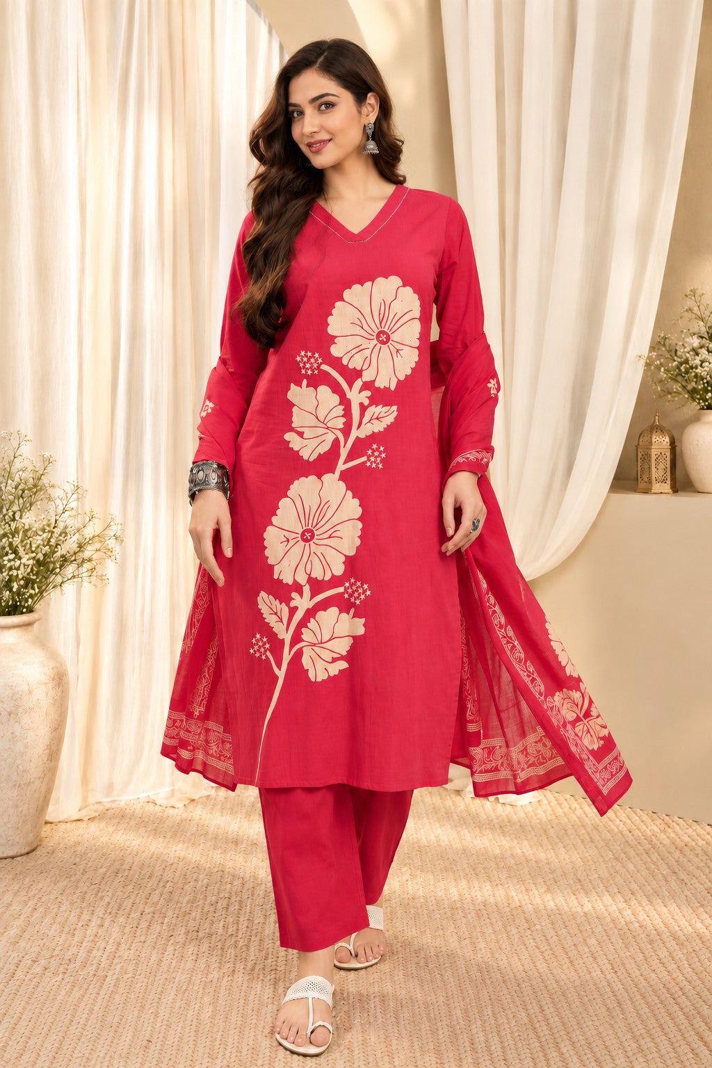 Women's Pink Cotton Floral Print Kurta & Trousers With Dupatta Set