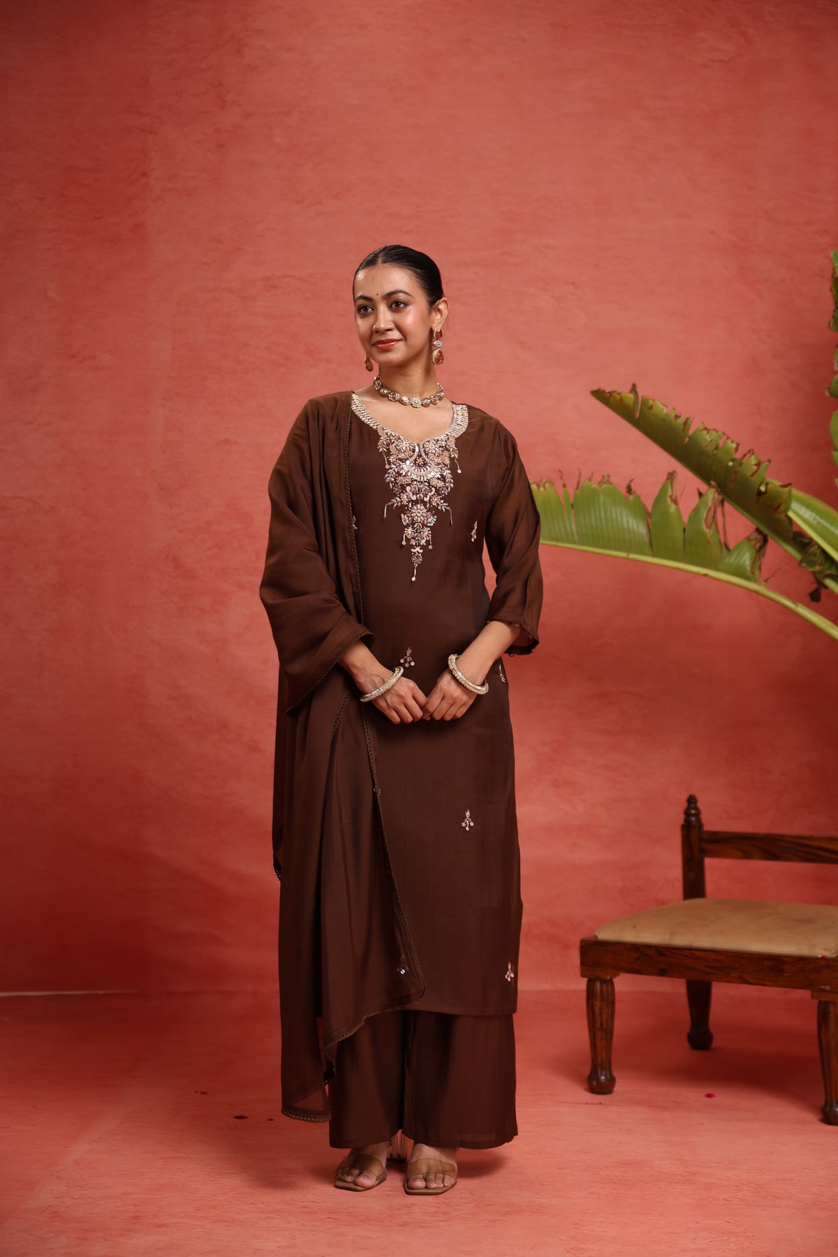 Women's Brown Embroidered Straight V-Neck Kurta & Trousers With Dupatta Set