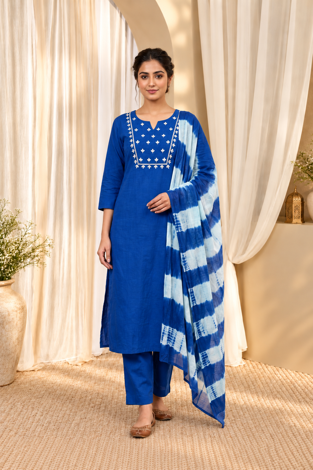 Women's Blue Straight Kurta With Trousers & Dupatta Set
