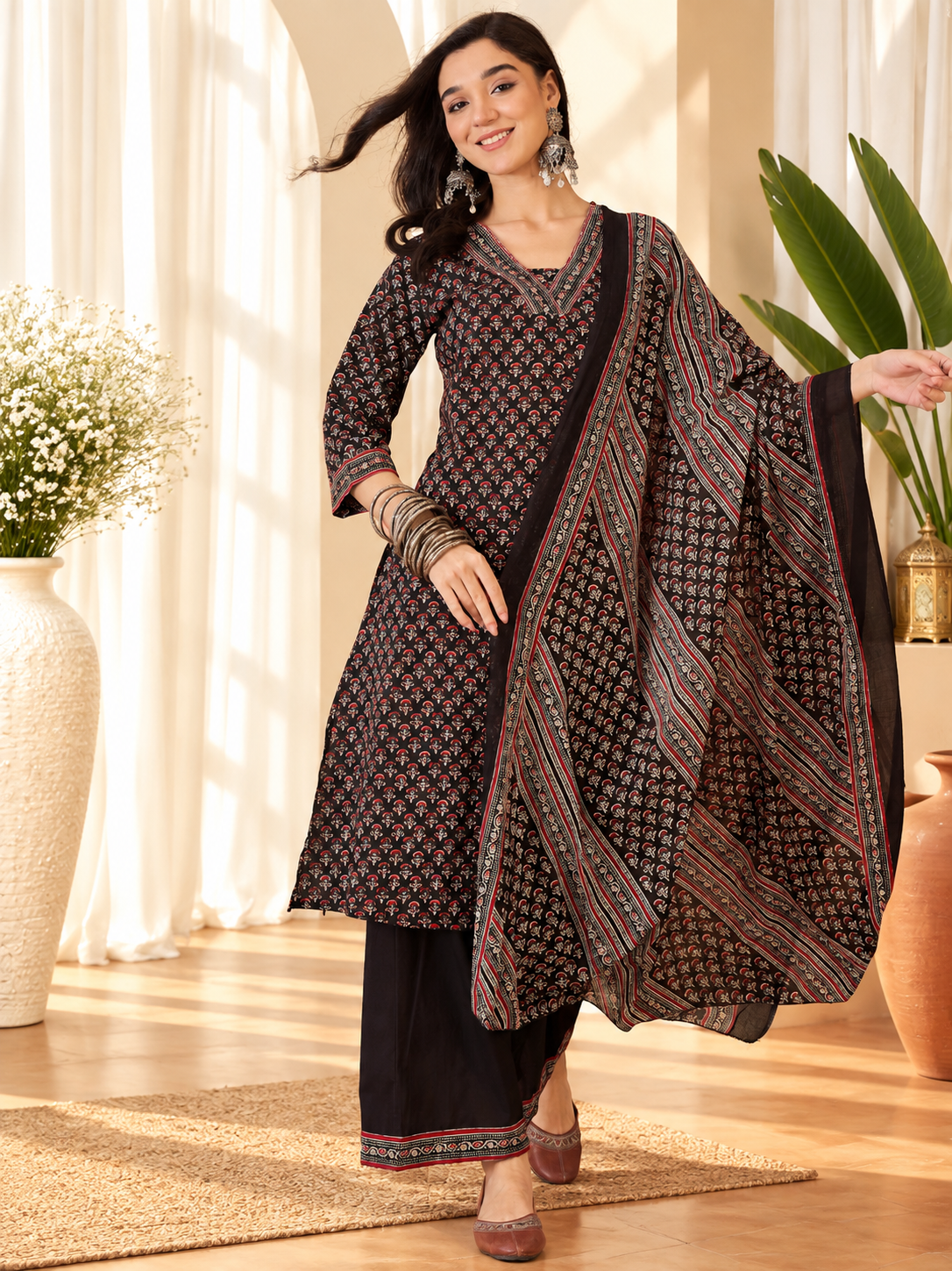 Women's Black Floral Print Sequinned V-Neck Straight Kurta With Trousers & Dupatta Set