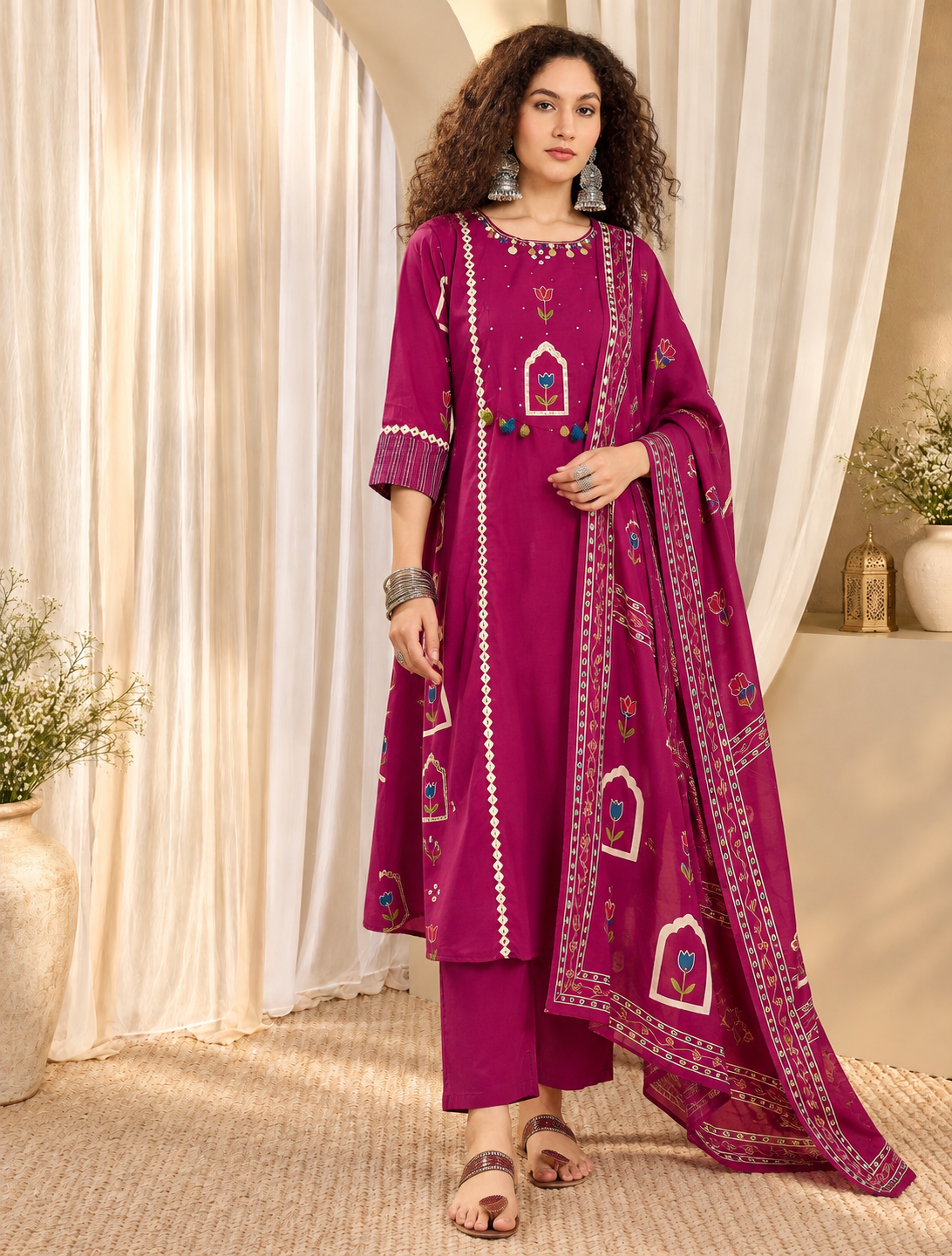 Women's Wine Printed Round Neck Kurta With Trousers & Dupatta Set