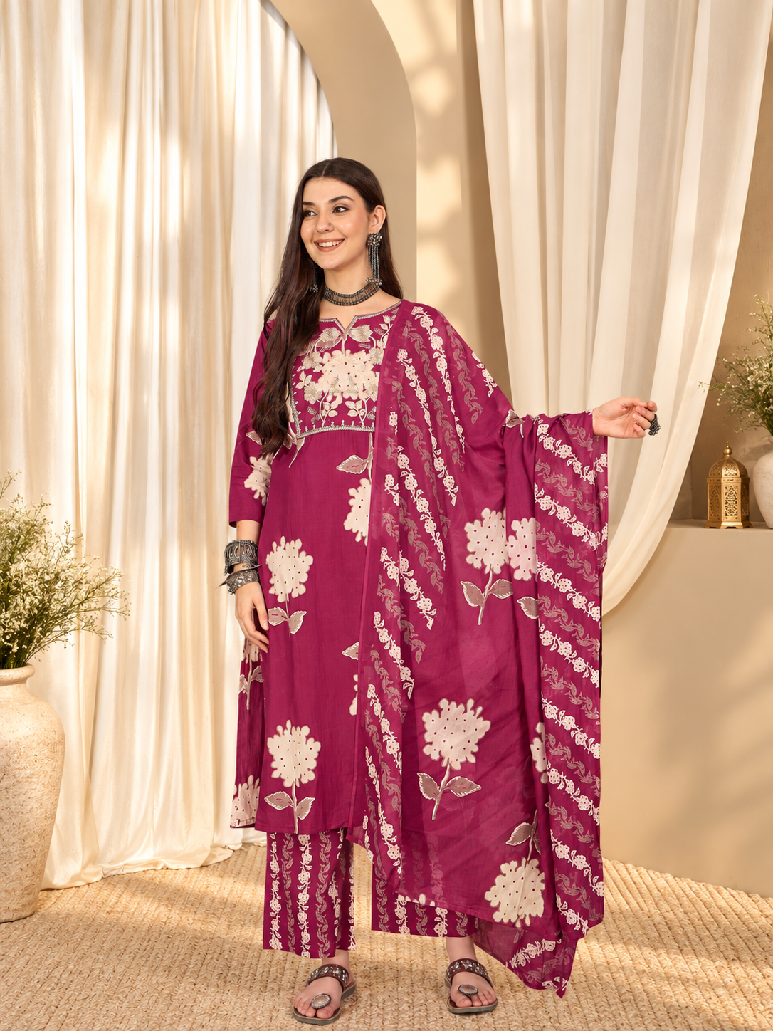 Women's Wine Cotton Floral Print Kurta & Trousers With Dupatta Set