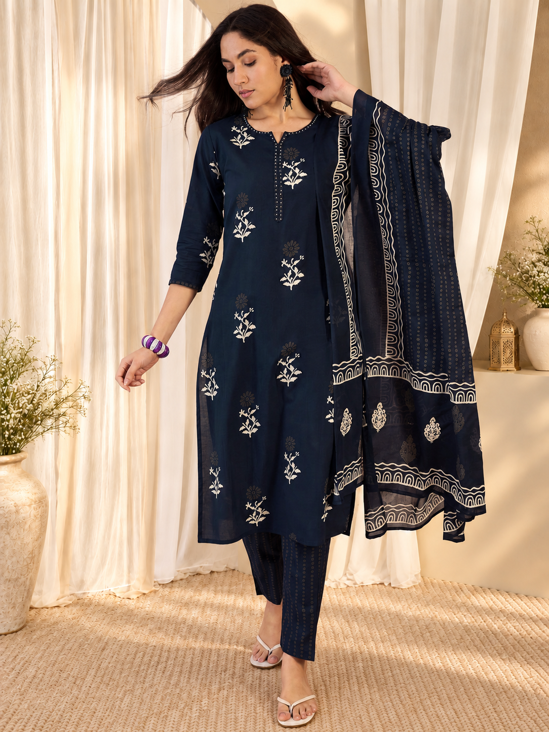 Women's Dark Blue Cotton Floral Print Kurta & Trousers With Dupatta Set