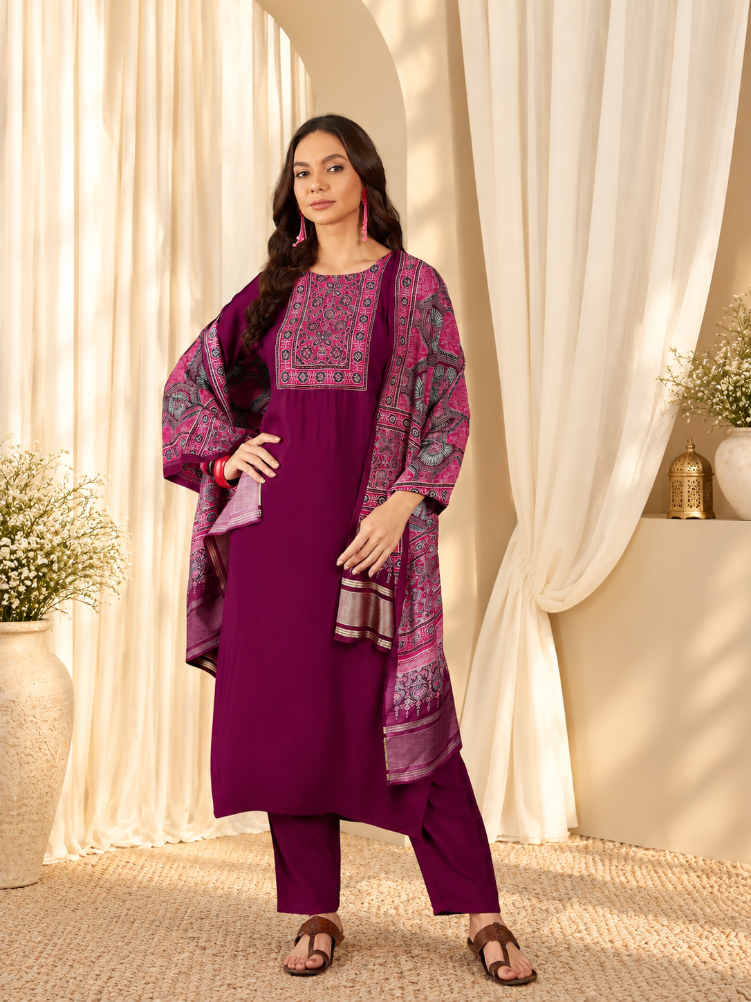Women's Purple Silk Self-Design Kurta & Trousers With Dupatta Set