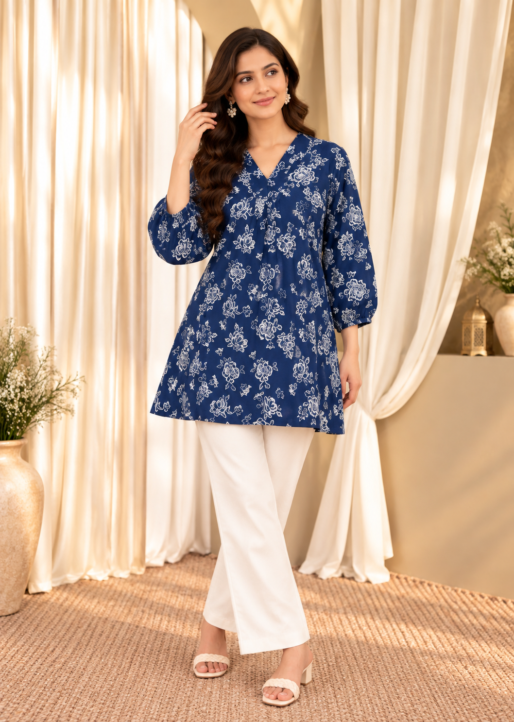 Women's Navy Blue Floral Printed A-Line Top