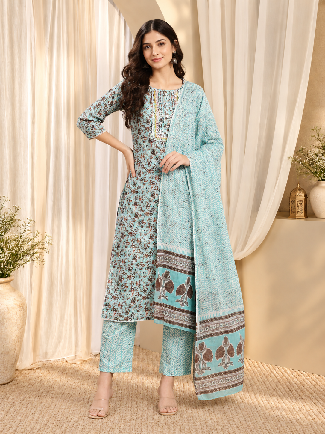 Sea Green & Brown Floral Printed Pure-Cotton Straight Kurta With Trouser & Dupatta