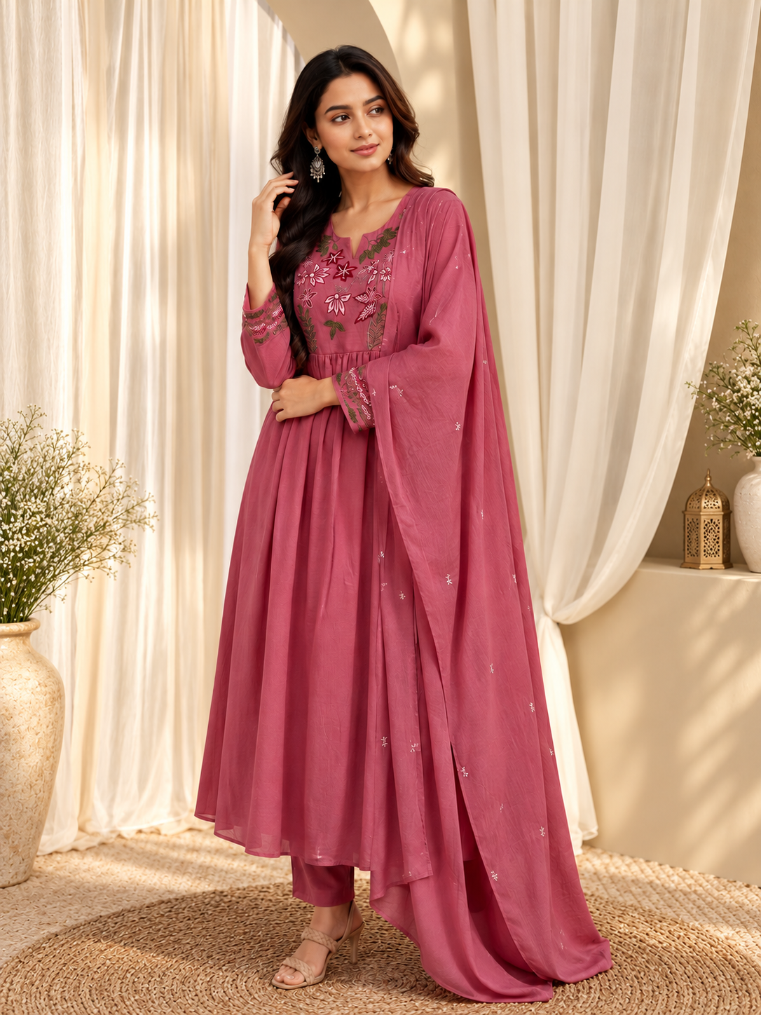 Women's Pure Cotton Floral Print Baby Pink Kurta & Pant With Dupatta Set