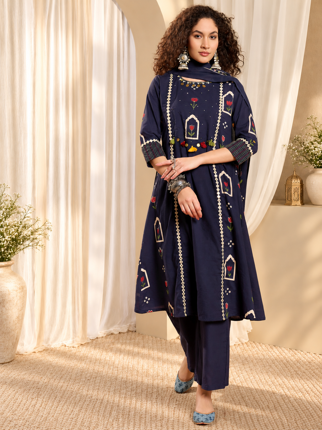 Women's Blue Printed Round Neck A-Line Pure Cotton Kurta With Trousers & Dupatta Set