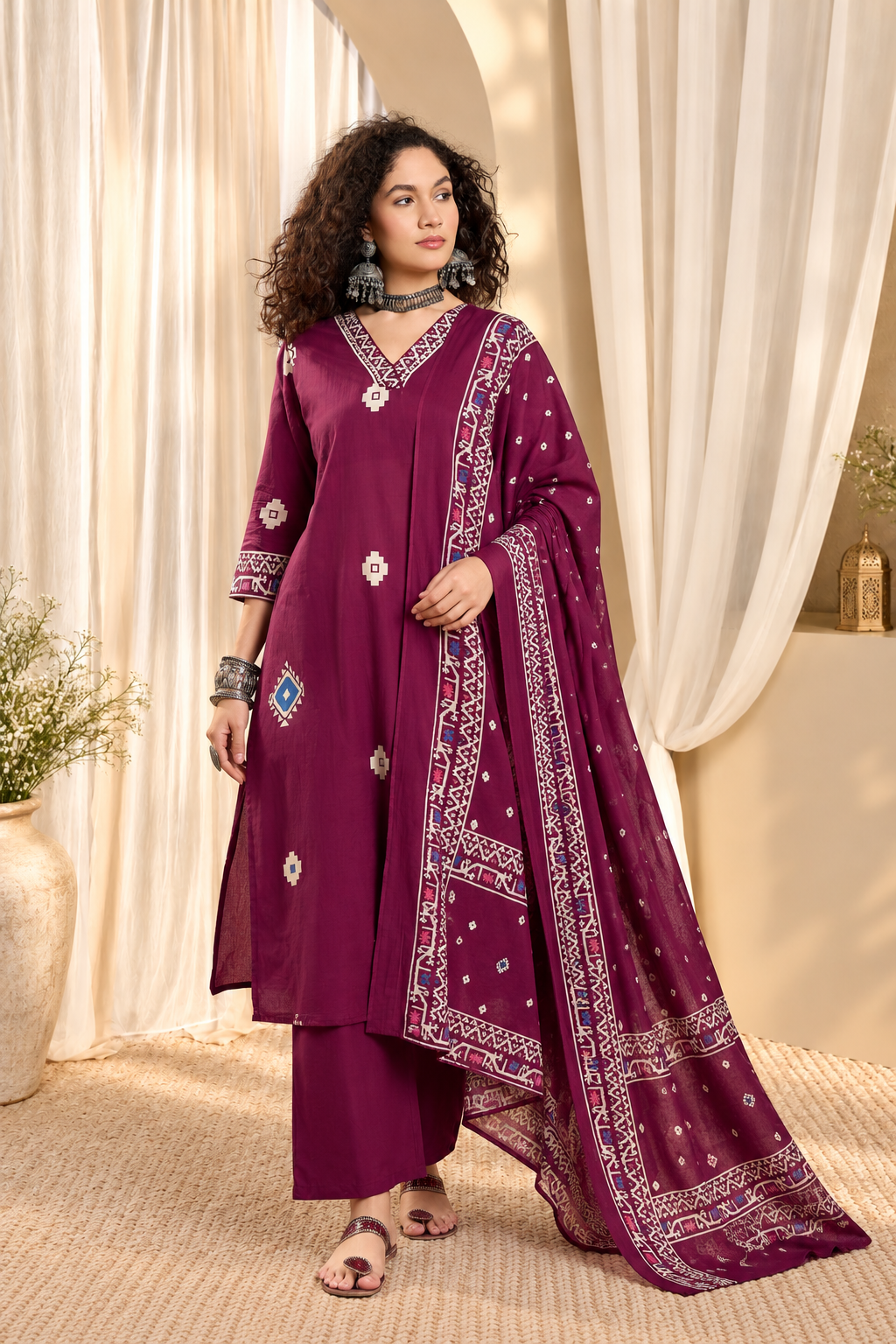 Women's Wine Printed V-Neck Kurta With Trousers & Dupatta Set