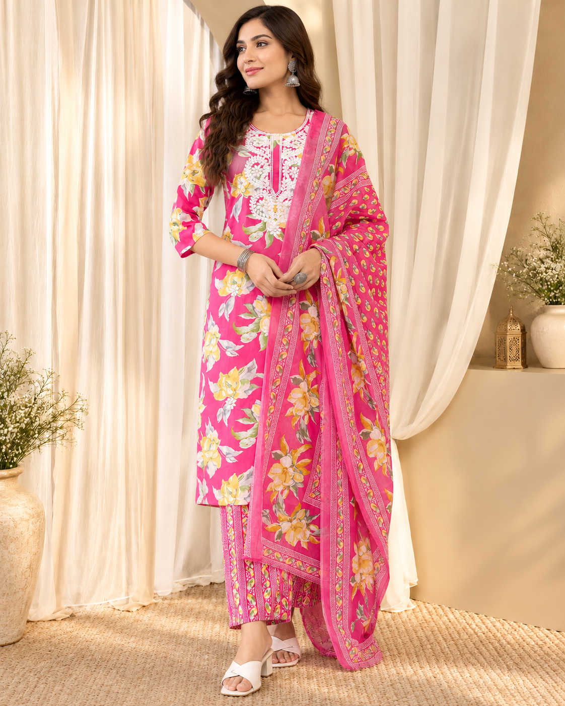 Women's Magenta Pure Cotton Round Neck Kurta & Pant With Dupatta Set