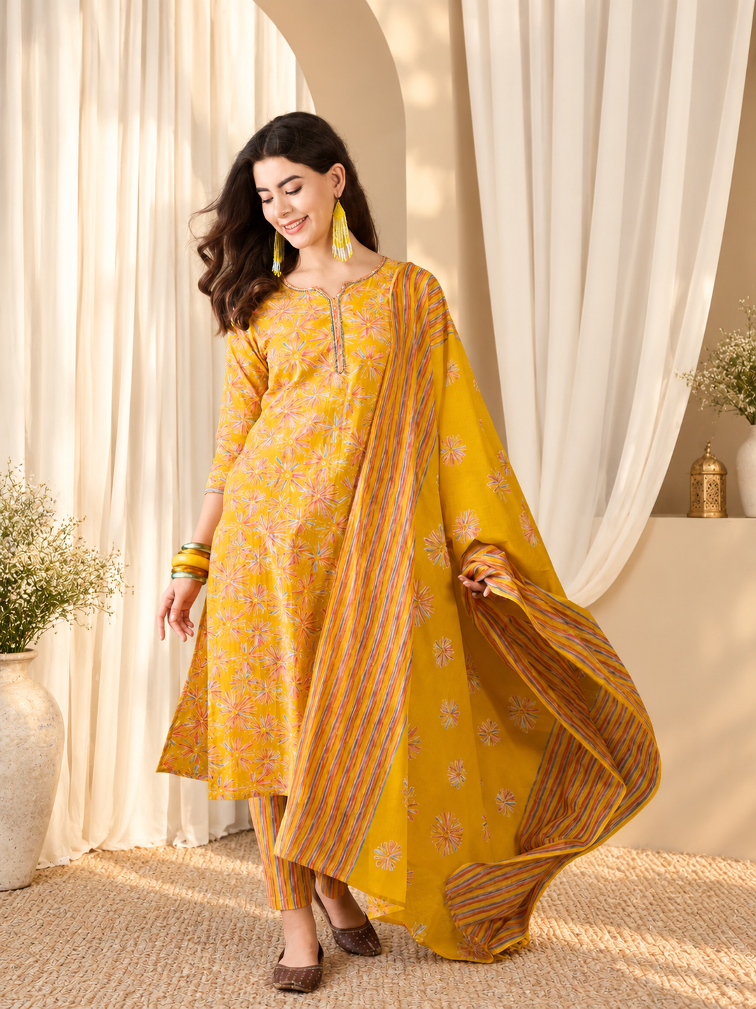Floral Printed Sequinned V-Neck Straight Kurta &amp; Trouser With Dupatta