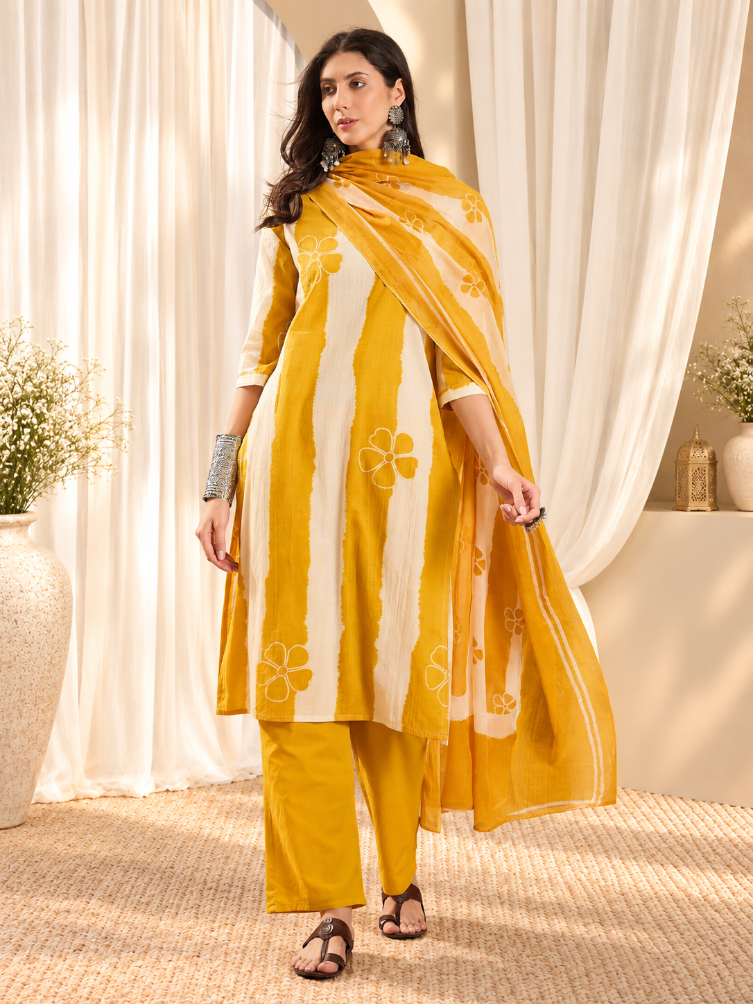 Women's Yellow & White Striped Pure Cotton Straight Kurta & Trousers With Printed Dupatta Set