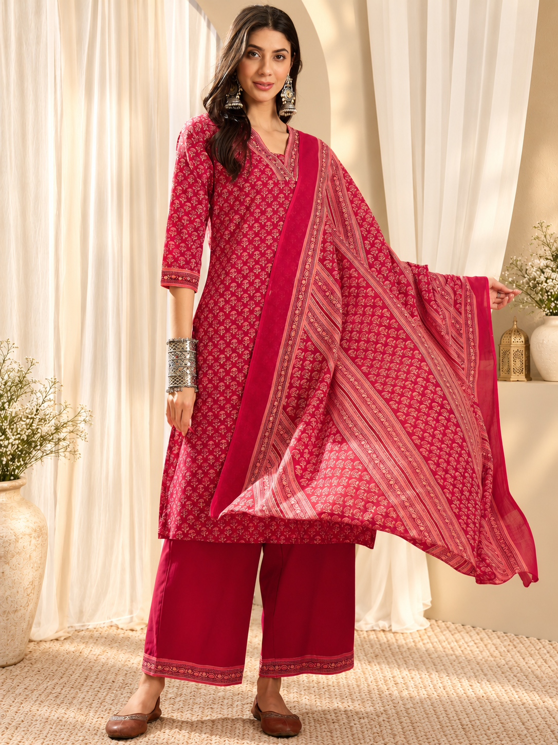 Women's Red Floral Print Straight Kurta With Trousers & Dupatta Set