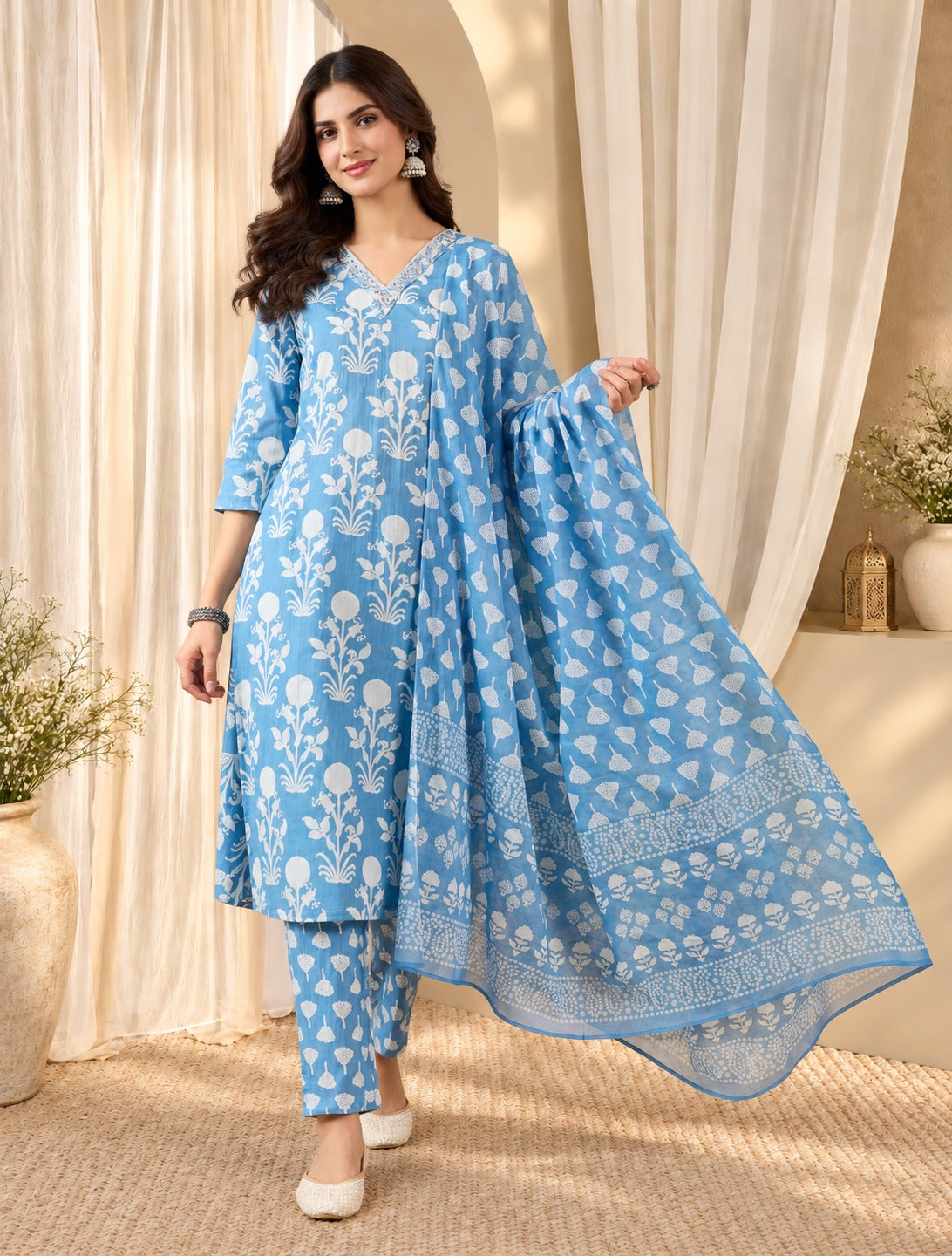 Printed & Embroidered Pure Cotton Straight Kurta With Trouser & Dupatta Set