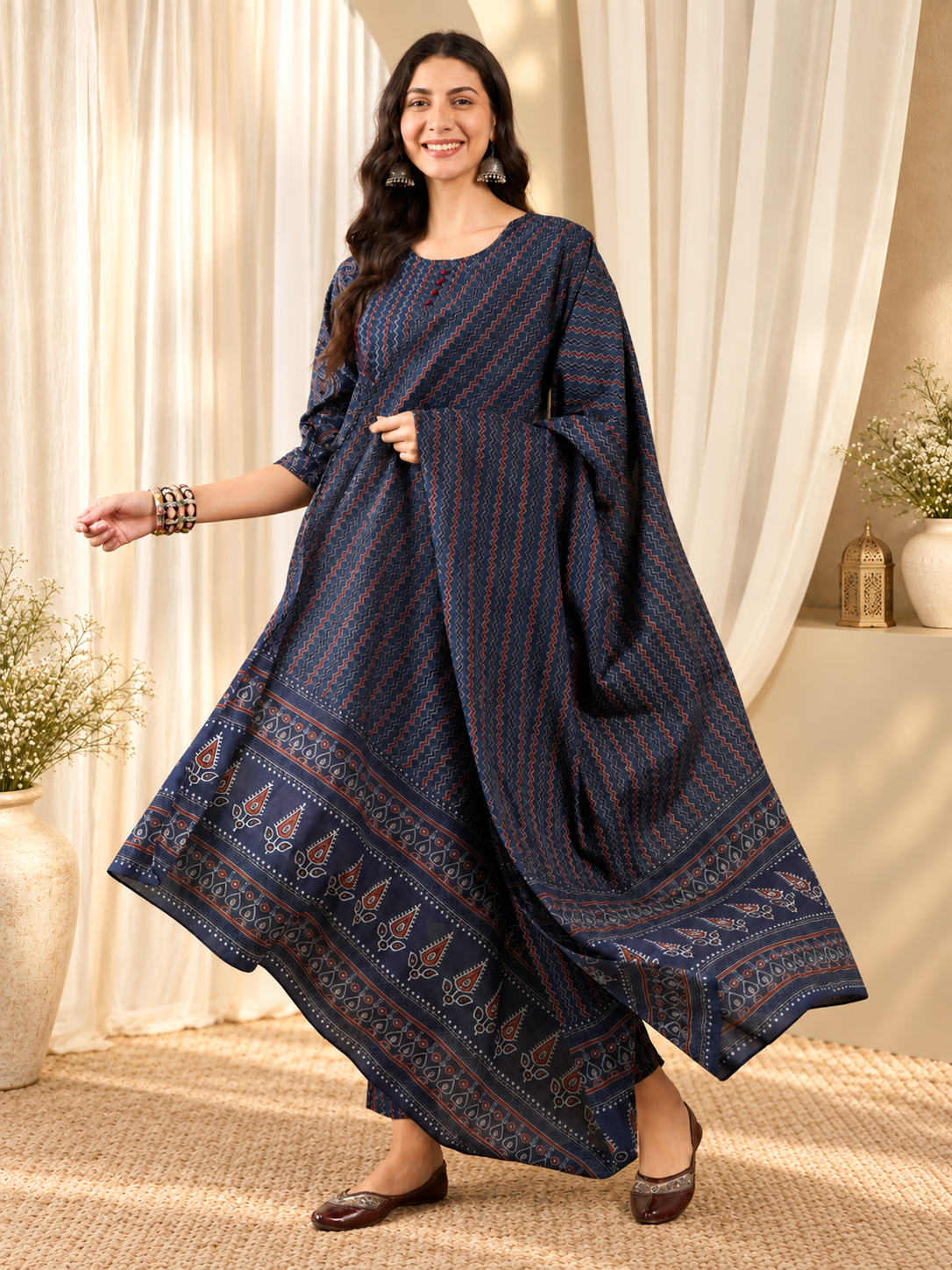Women's Navy Blue Pure Cotton Ethnic Motifs Kurta & Trousers With Dupatta Set