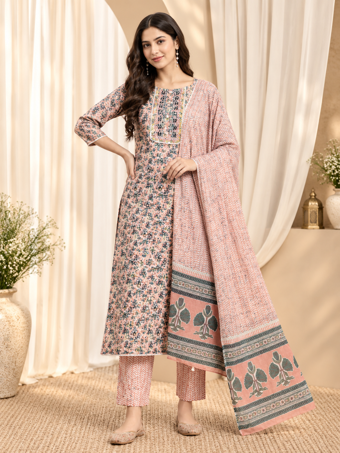 Peach & Blue Floral-Printed Pure-Cotton Straight Kurta With Trouser & Dupatta