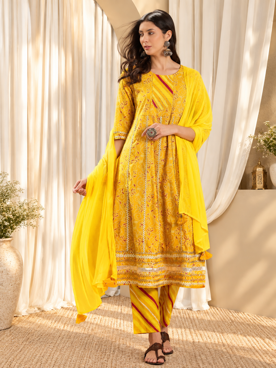 Women's Yellow Pure Cotton Round Neck Kurta & Pant With Dupatta Set