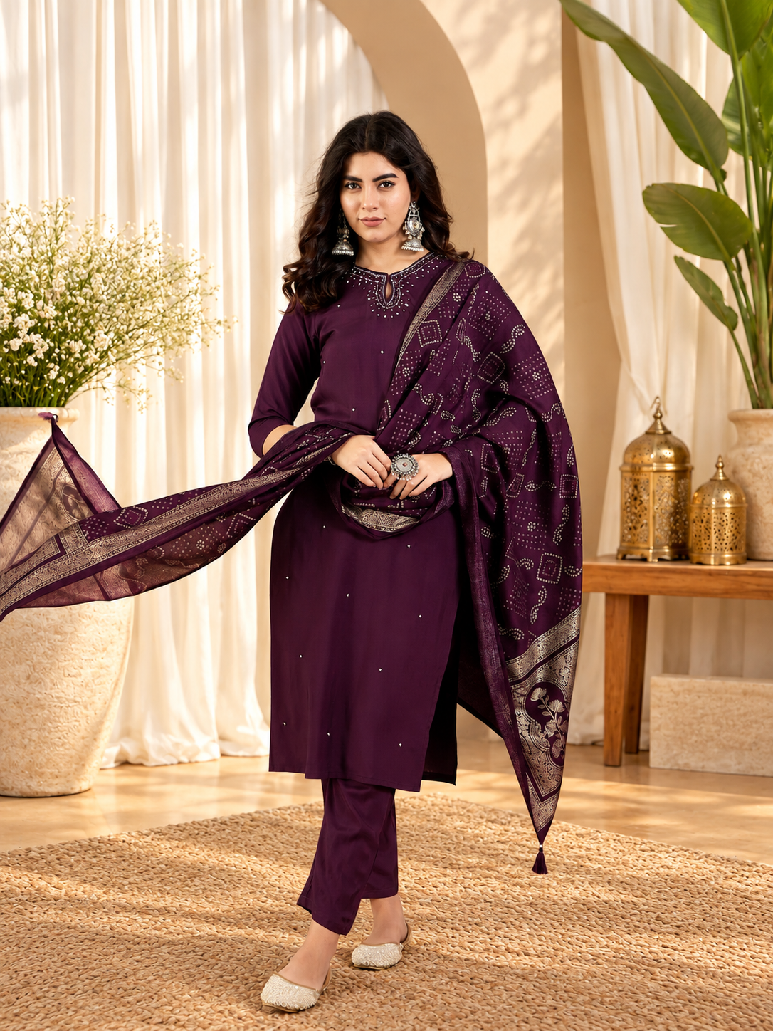 Women's Purple Crepe Self-Design Kurta & Trousers With Dupatta Set