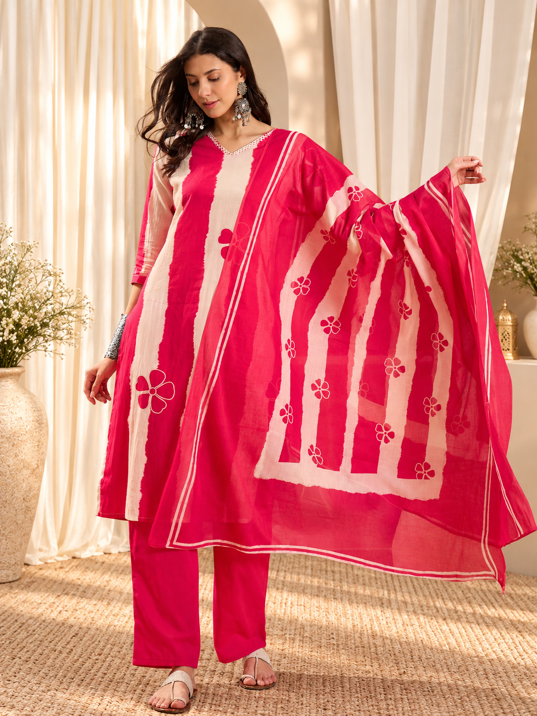 Women's Pink & White Striped Pure Cotton Straight Kurta & Trousers With Printed Dupatta Set