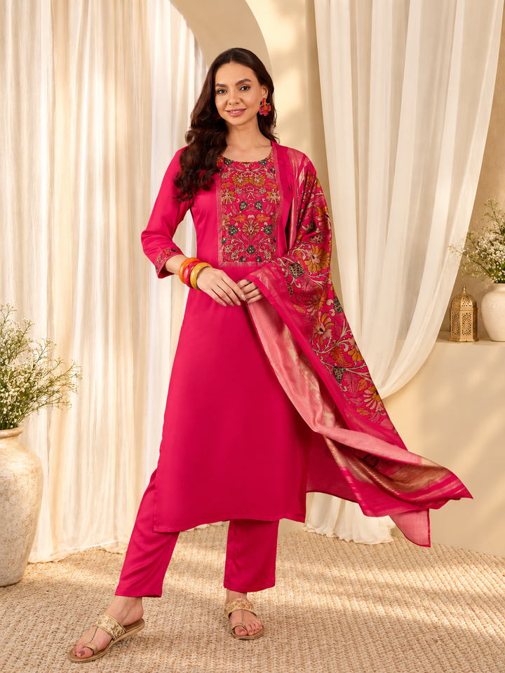 Floral Yoke Design Sequinned Straight Kurta &amp; Trousers With Dupatta