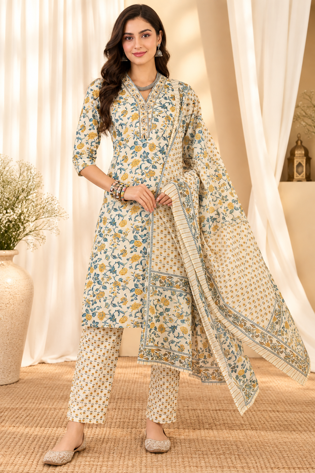 Women's Cream & Yellow Pure Cotton Floral Print Kurta & Trousers With Dupatta Set