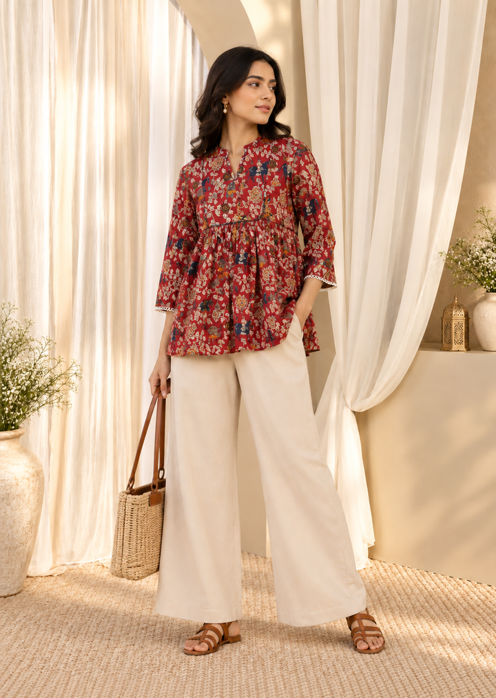 Red Floral Print Mandarin Collar Cotton Top