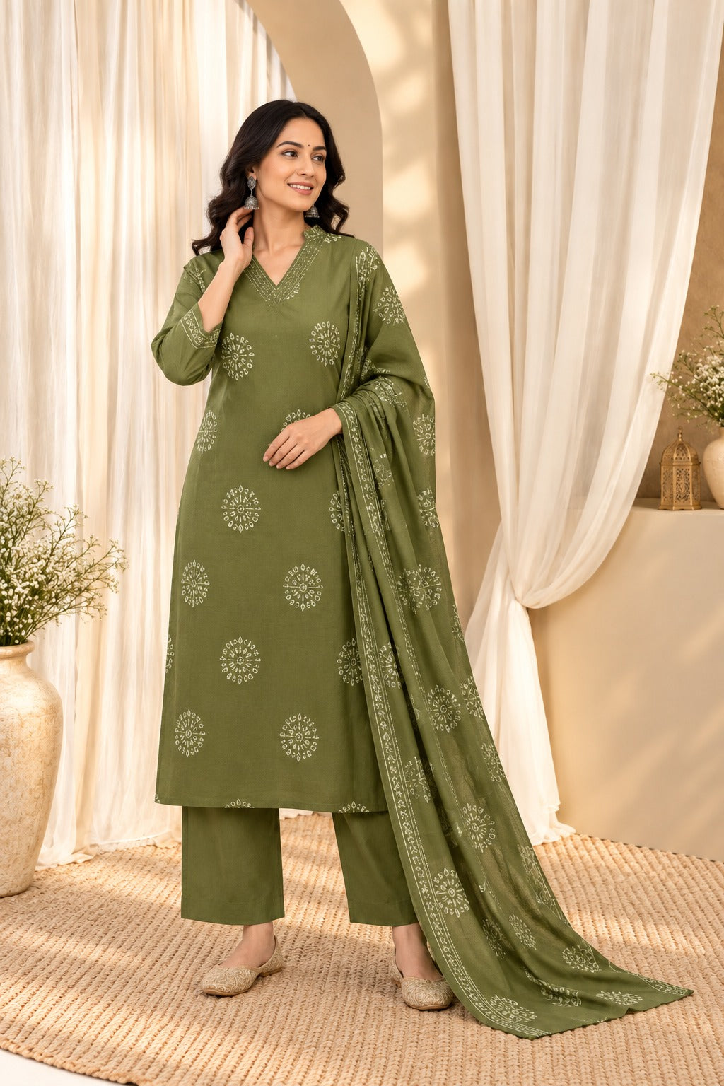 Women's Olive Green Floral Print Cotton Kurta & Trousers With Dupatta Set
