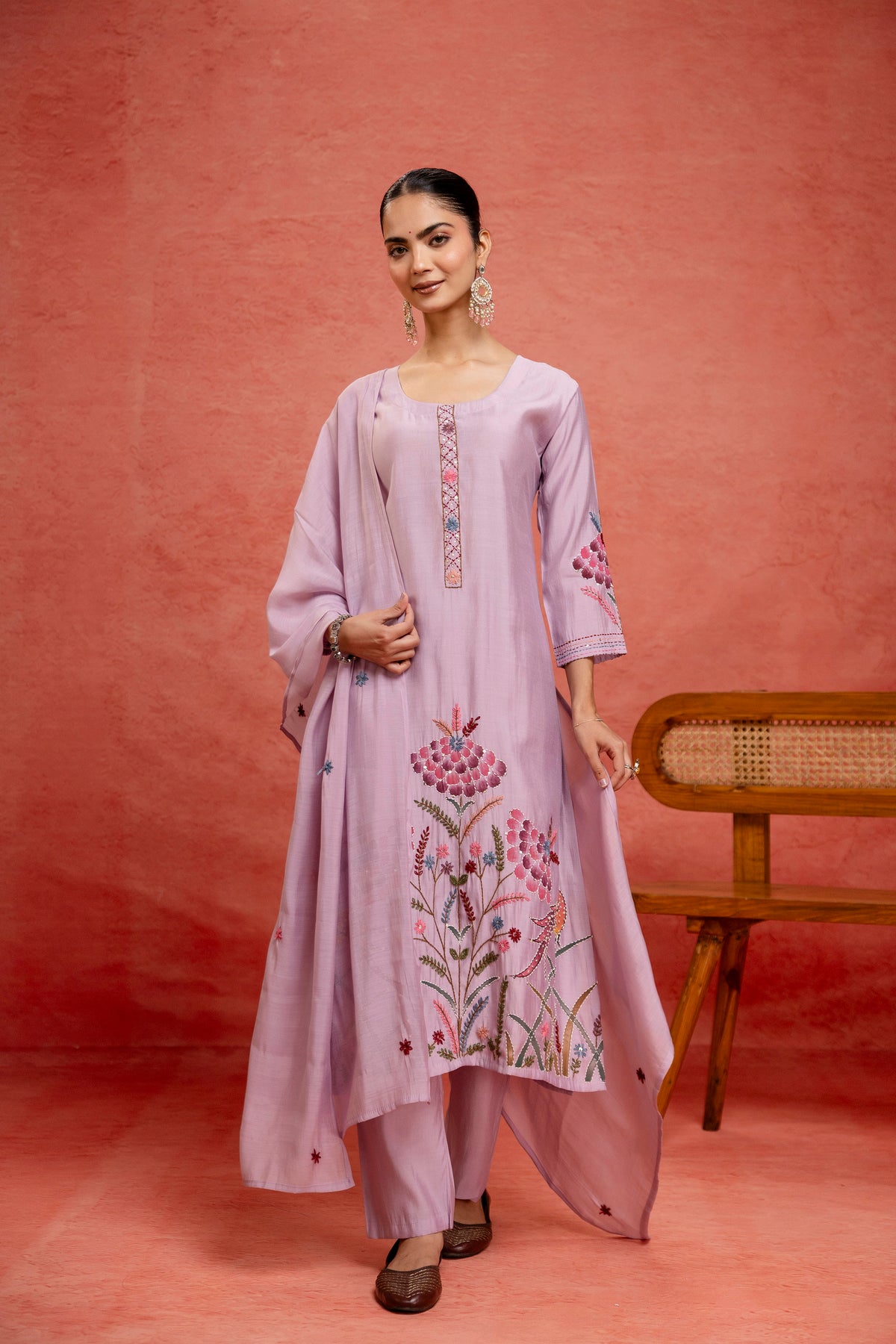 Women's Lavender Floral Printed Straight Kurta With Trouser & Dupatta Set