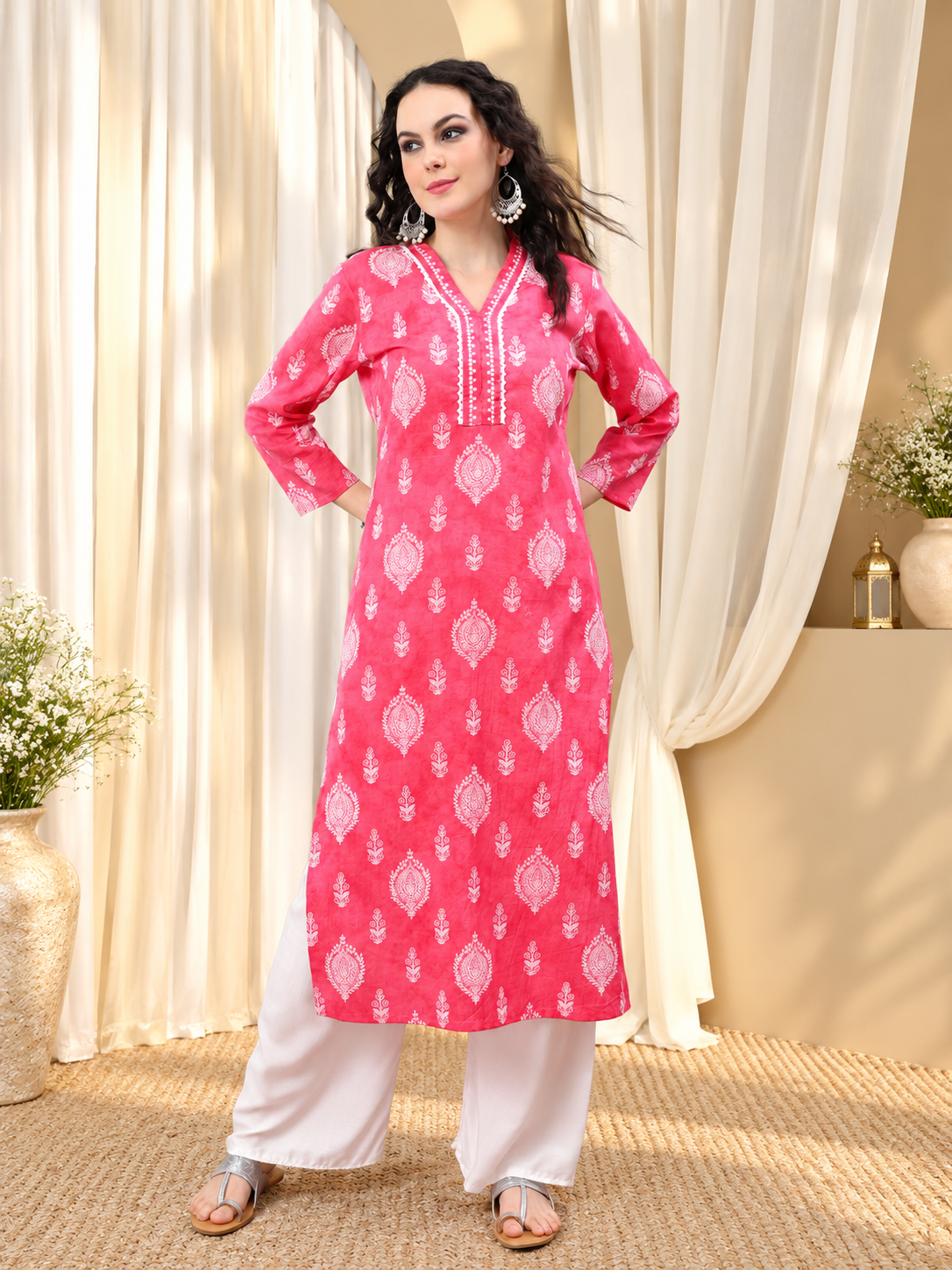 Women's Pink Floral Printed A-Line Kurta