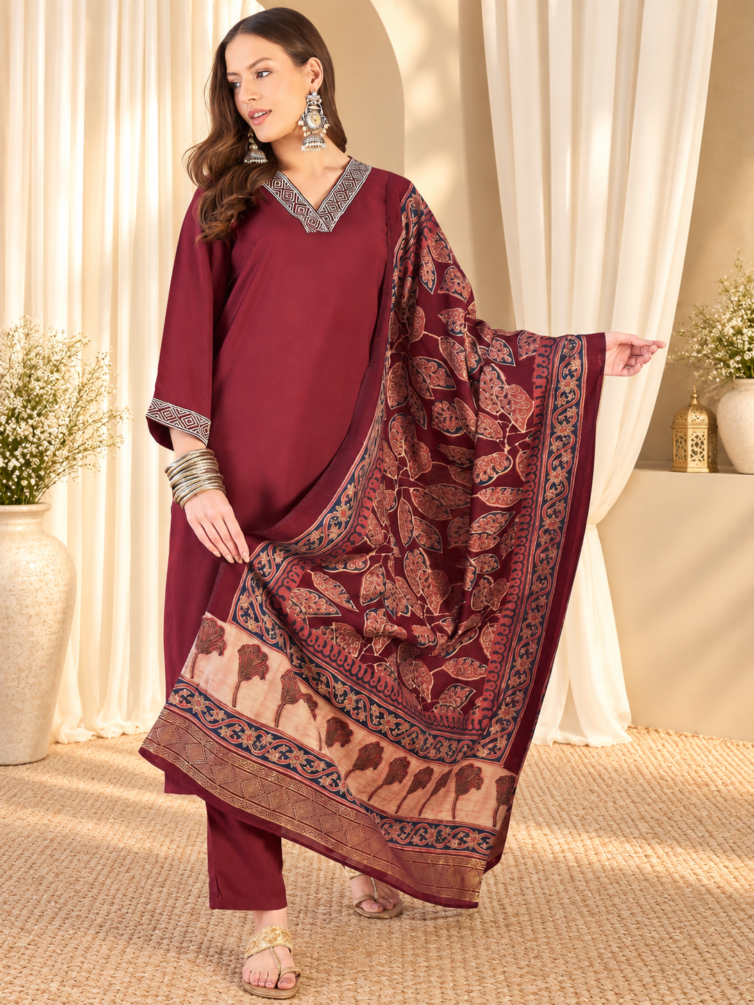 Women's Maroon Viscose Rayon Solid Kurta & Trousers With Dupatta Set