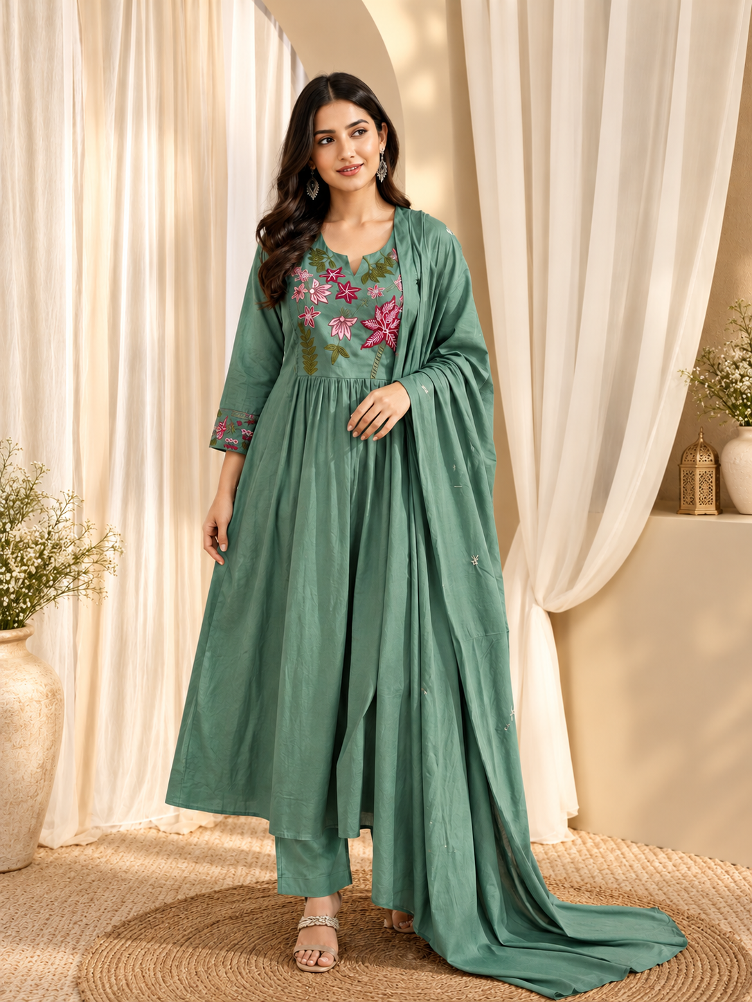 Women's Pure Cotton Floral Print Sea Green Kurta & Pant With Dupatta Set
