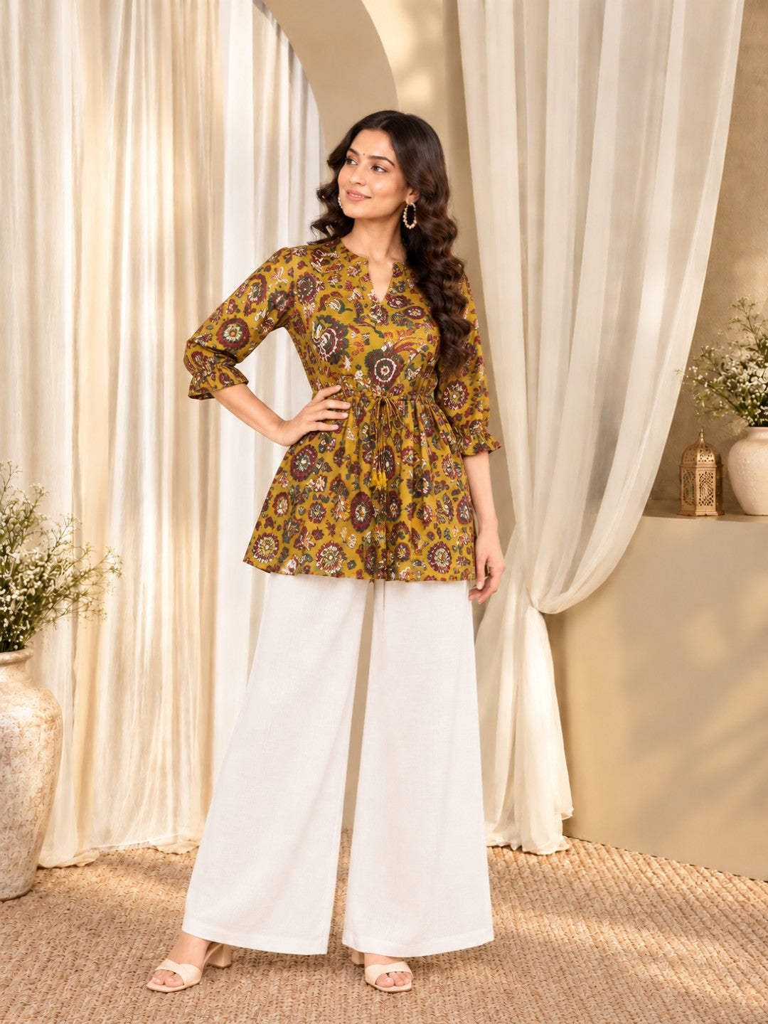 Floral Print Mandarin Collar Ethnic Cotton Peplum Top