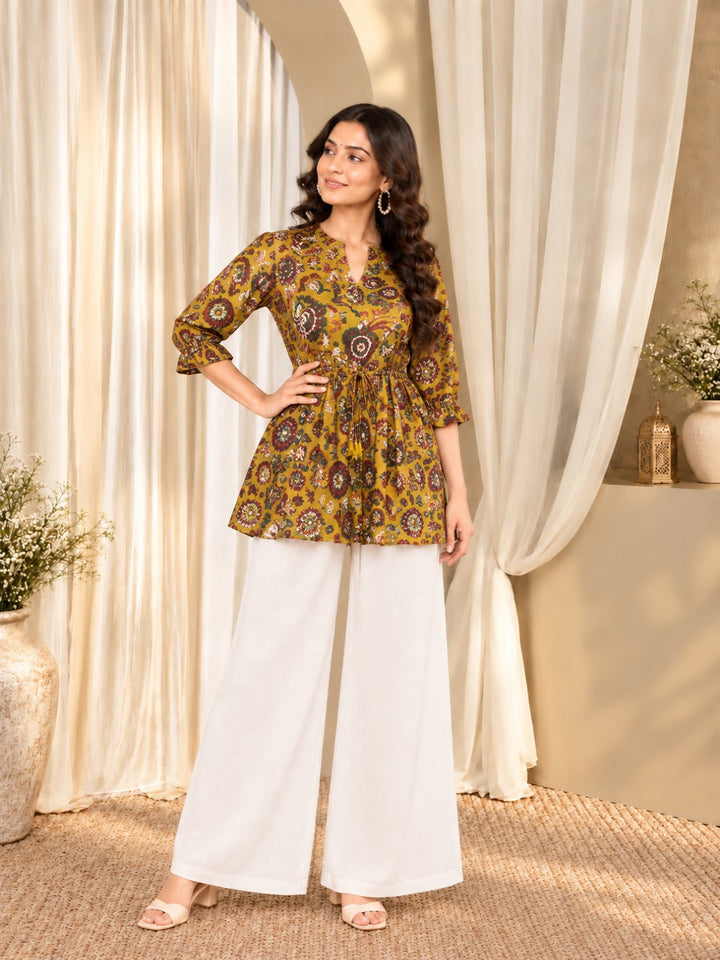 Floral Print Mandarin Collar Ethnic Cotton Peplum Top