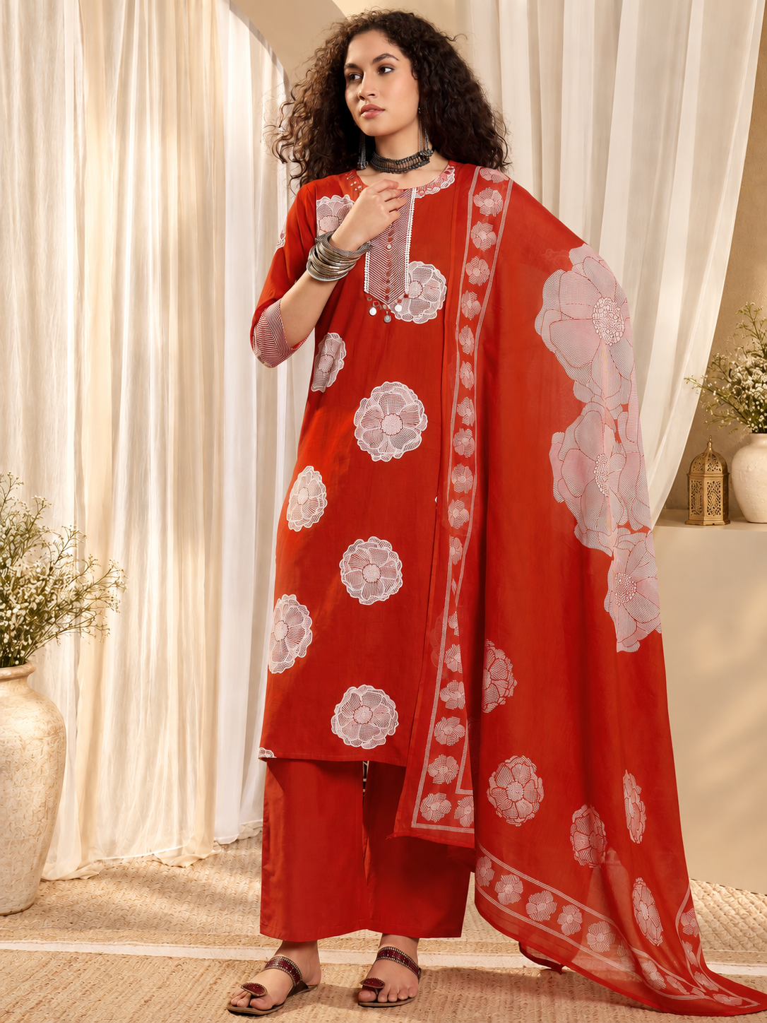Women's Rust Orange Printed Kurta With Trousers & Dupatta Set
