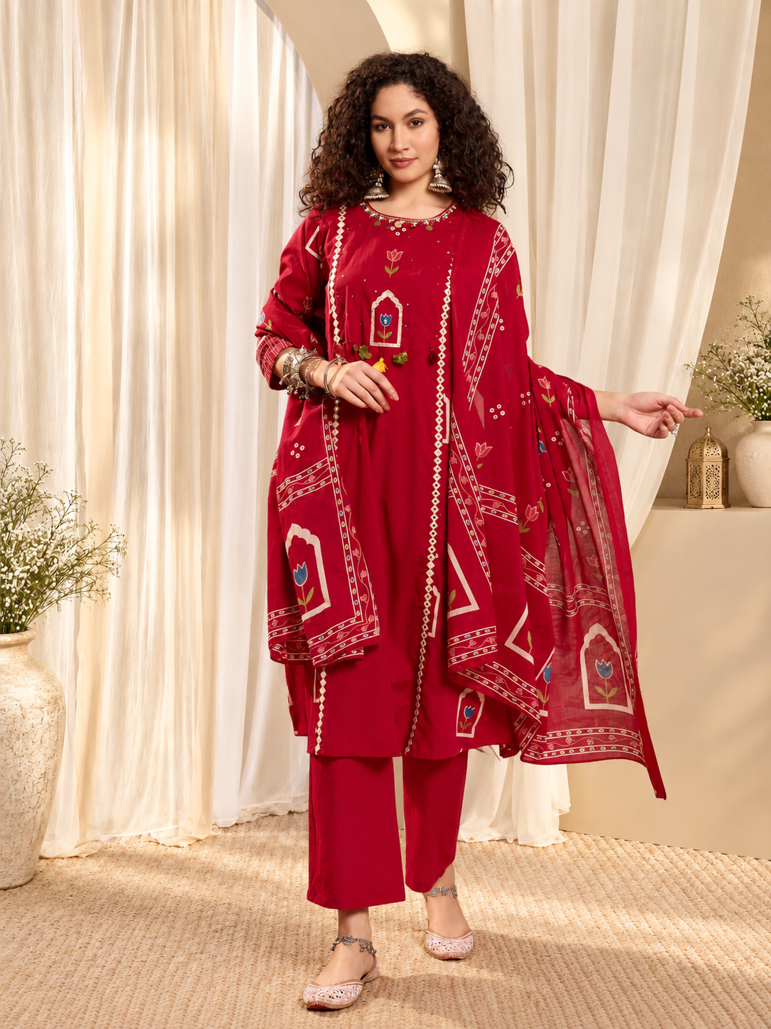Women's Red Printed Kurta With Trousers & Dupatta Set