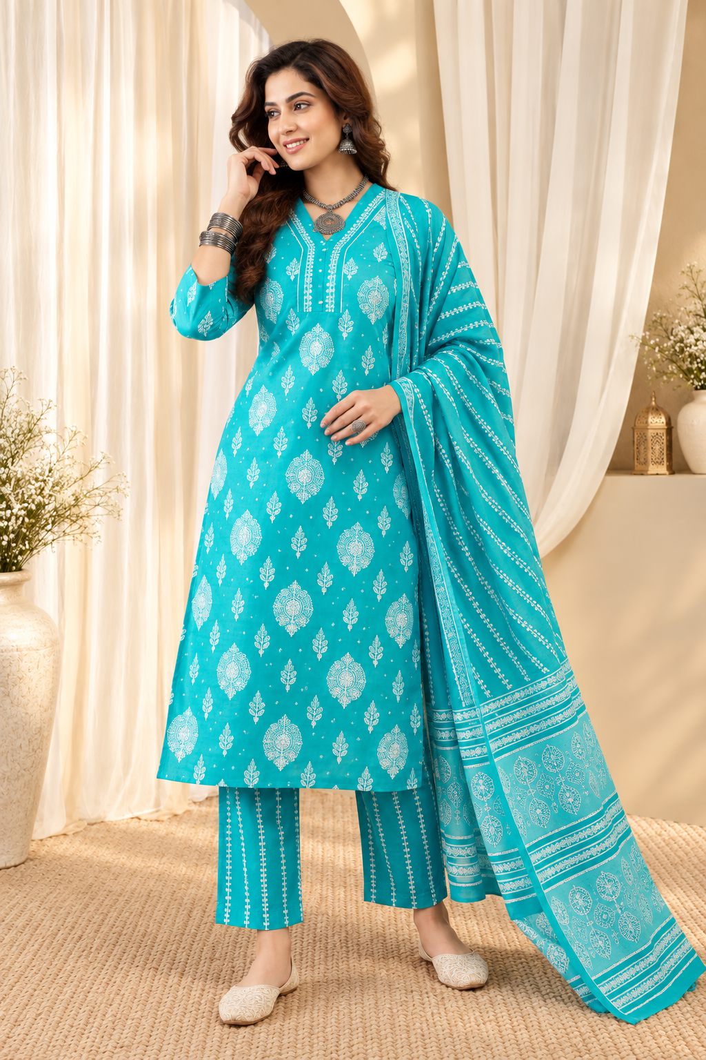Women's Turquoise Blue Ethnic Motifs Printed Pure Cotton V-Neck Kurta With Trousers & Dupatta Set
