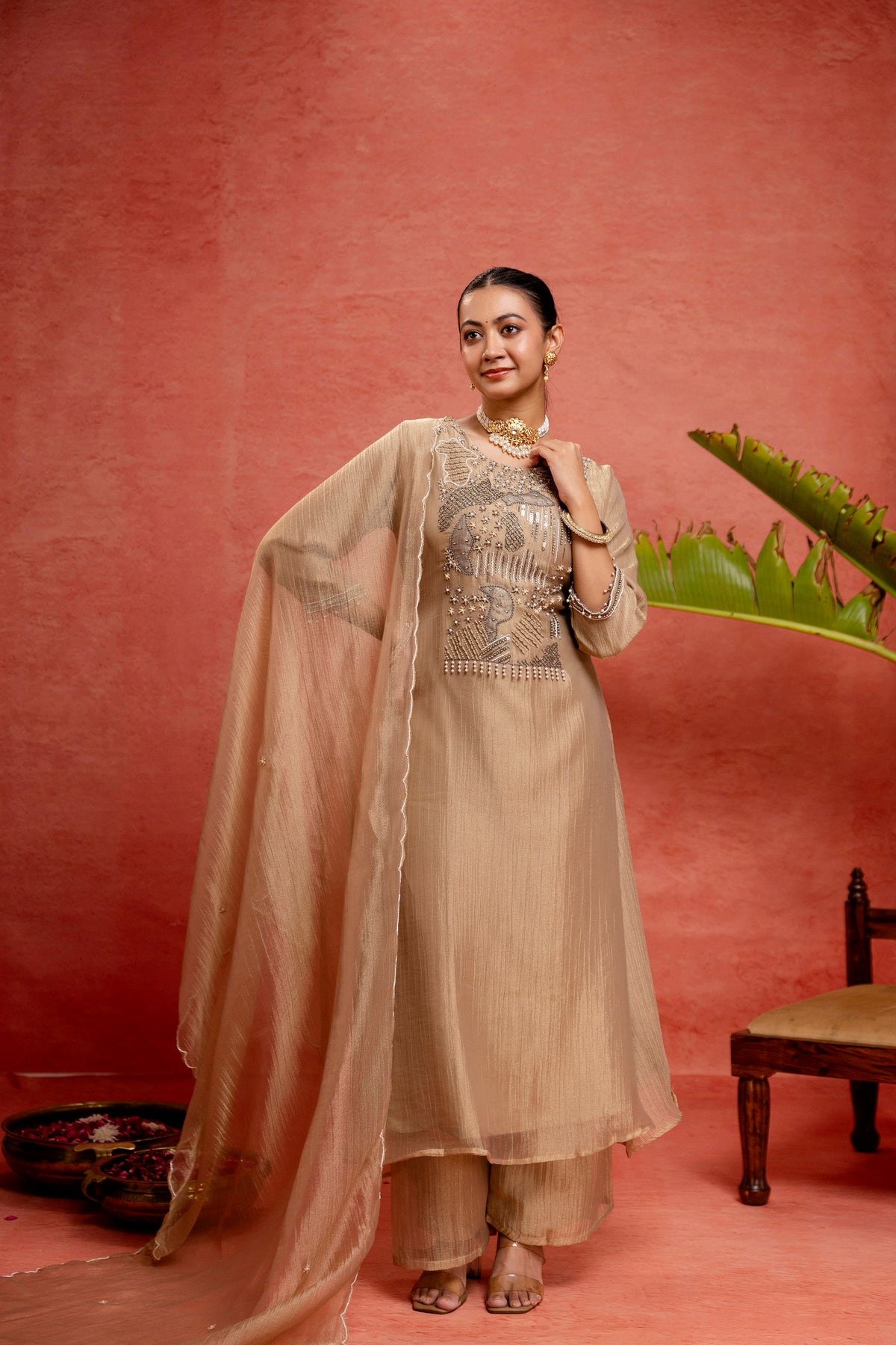 Women's Beige Embroidered Kurta & Trousers With Dupatta Set